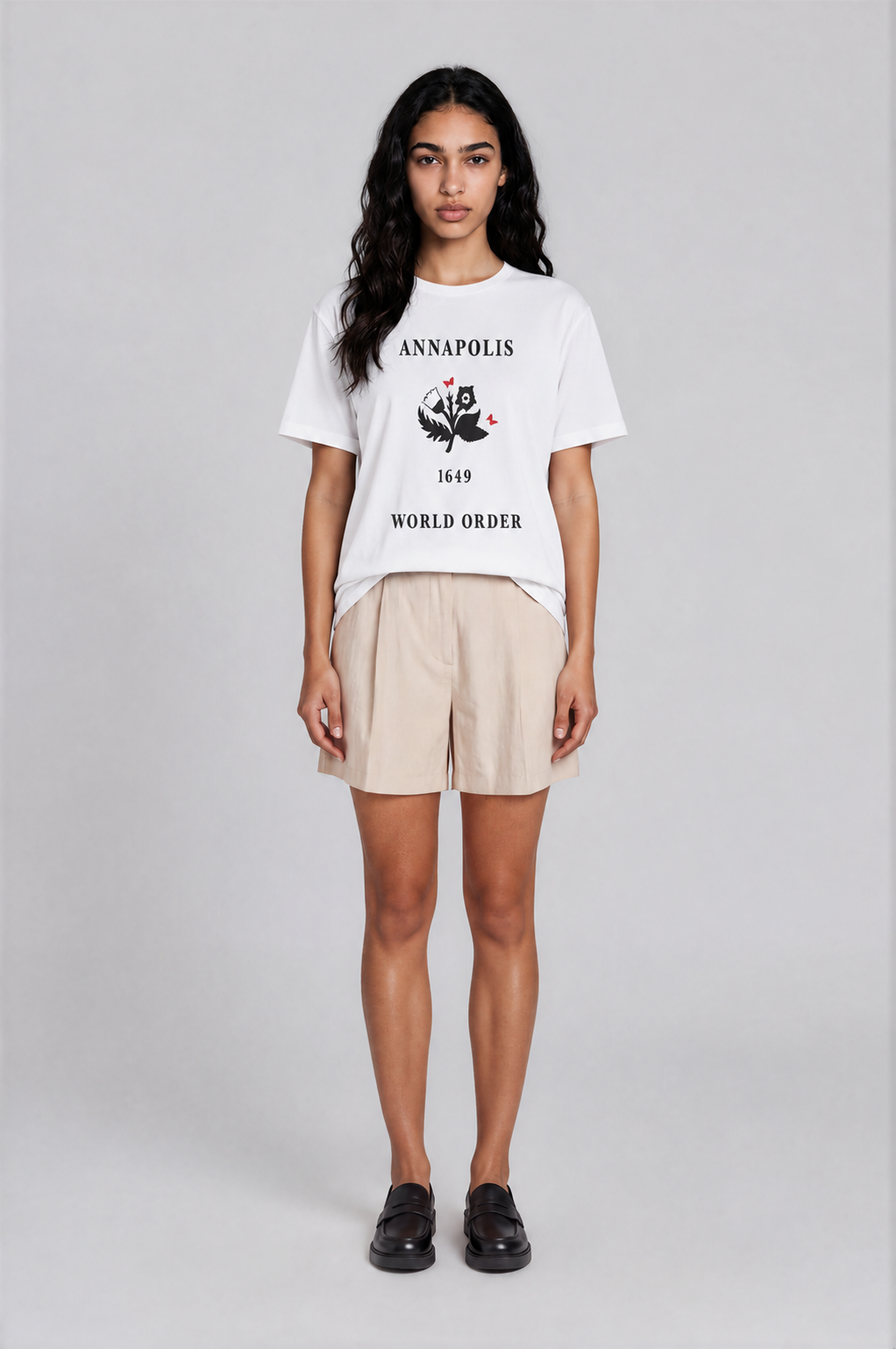 annapolis: origin tee in white, on model, front — world order