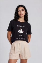 annapolis: origin tee in near-black, on model, front detail — world order