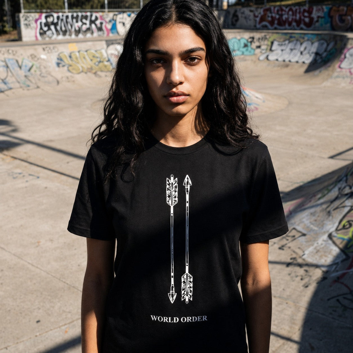 Axis Tee, on model, front — world order