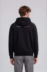 fake i.d. hoodie, on model, back print — world order